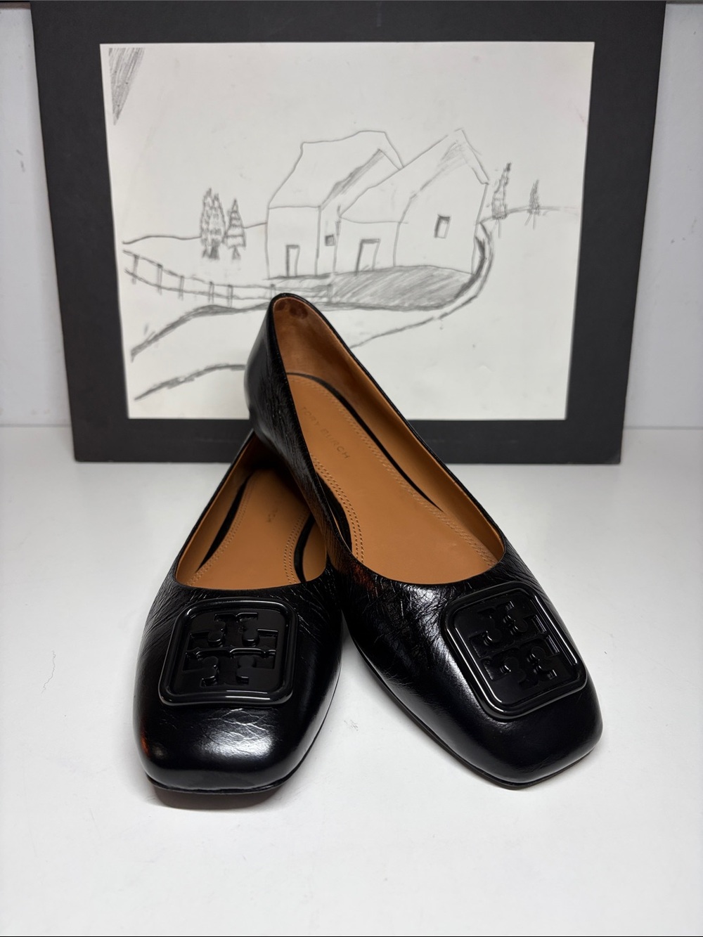 Tory Burch Georgia Squared Toe Wrinkle Leather Black Ballet Flats Size US 6M